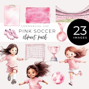 Clipart de fútbol rosa en acuarela, descarga instantánea, gráficos deportivos de fútbol para niñas, descarga digital para decoración de fiestas infantiles, invitaciones y álbumes de recortes.