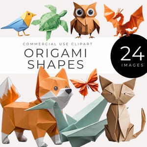 Pakiet Origami Clipart NATYCHMIASTOWE POBIERANIE Geometryczne zwierzęta i obiekty papierowe, Fantazyjna sztuka cyfrowa, grafika do druku do rzemiosła, scrapbookingu