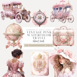 Clipart acquerello da viaggio rosa da ragazza DOWNLOAD DIGITALE Illustrazioni di ragazze alla moda rococò, grafica PNG per vacanze estive da ragazza