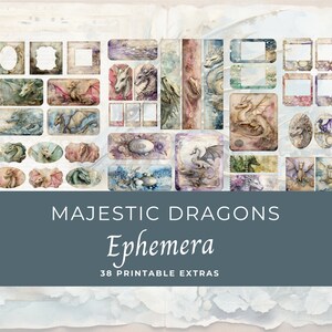 Majestic Dragon Junk Journal Ephemera, 38 Mini-Extras, bunte digitale druckbare Ephemera, Papiermodelle, Collage Sheet 11 x 8,5, JJ004