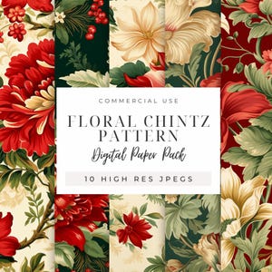 Floral Chintz Digitales Papier SOFORTIGER DOWNLOAD Grandmillennial Vintage botanische Muster, Cottagecore Urlaub Scrapbook Craft Hintergründe