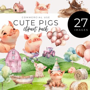 Clipart aquarelle cochon mignon TÉLÉCHARGEMENT IMMÉDIAT Adorables animaux de la ferme, décoration d'anniversaire de porcelet, art mural pour chambre d'enfant, shower de bébé dans une ferme rustique