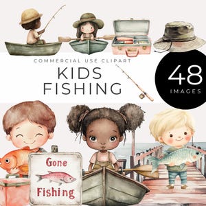 Fish Tackle Watercolor Clipart, INSTANT DOWNLOAD, Kids Gone Fishing PNGs, Summer Party, Outdoor Nature Images for Crafts, Invites, Scrapbook