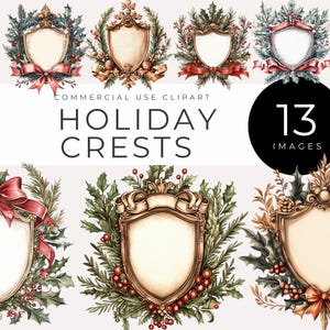 May include: Thirteen watercolor illustrations of holiday crests featuring ornate shields with ribbons and greenery. The crests are perfect for adding a festive touch to your designs.