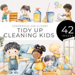 Clipart de limpieza infantil, descarga instantánea, acuarela, lindos gráficos de tareas domésticas para niños, decoración de guarderías, tablas de tareas y proyectos de bricolaje.