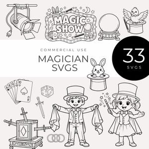May include: Black and white line art illustrations of magic show elements. Includes a spotlight, a "Magic Show" sign, a crystal ball, a dove in a hat, playing cards, dice, a sword, a magician's box, rings, and two cartoon magicians.
