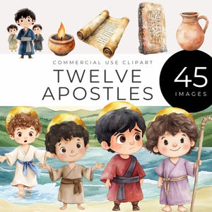 Imágenes prediseñadas de los doce apóstoles, descarga instantánea, arte digital de la historia bíblica cristiana, PNG religioso, discípulos de Jesús, gráficos de álbumes de recortes de fe