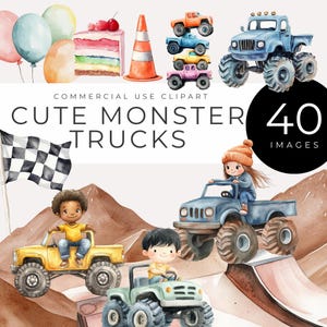 Clipart fofo de Monster Trucks para download instantâneo, decoração e convites para festa de aniversário infantil em aquarela, elementos de pista de corrida off-road, cupcakes, bandeiras