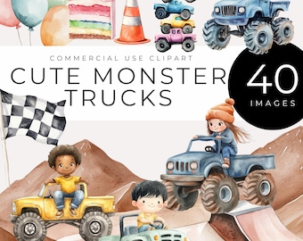 Söta monstertruckar clipart direktnedladdning akvarell barnfödelsedagsfestdekorationer och inbjudningar, terrängbana element, cupcakes, flaggor