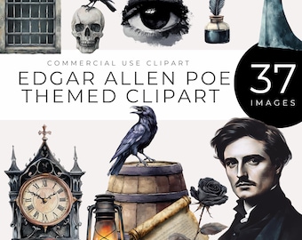 Gothic Clipart, Instant Download, Edgar Allan Poe Inspired, Victorian Literature Art, Raven, Skull, Lantern, Gothic Halloween Graphics, png
