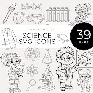 Può includere: Icone SVG a tema scientifico in bianco e nero. Include camici da laboratorio, microscopi, provette, un fossile di dinosauro, un razzo e scienziati dei cartoni animati. Il testo recita "Science SVG Icons" e "39 SVGs".