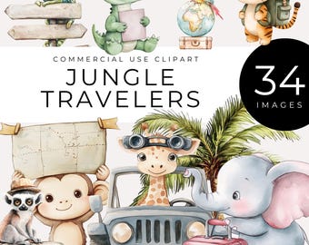 Jungle Travelers Clipart, Instant Download, Safari Adventure Animal PNG, Cute Explorer Graphics, Watercolor Travel Tropical Wildlife Images
