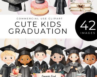 Cute Kid Graduation Clipart, Instant Download, Preschool Graduate PNG, Watercolor Cap & Gown Image, Graduation Party Decor, School Milestone