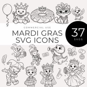 May include: Black and white Mardi Gras SVG icons. The image features 37 SVG icons, including a baby king, a cat in a mask, a monkey, a jester, a marching band member, a princess, and a king. The text "Mardi Gras SVG Icons" is also present.