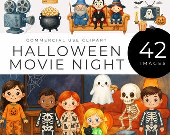 Halloween Movie Night Clipart, Spooky Cozy Fall Fun, Cute skeleton, wizard, vampire, and ghost characters, People, Kids, Pumpkins, Popcorn