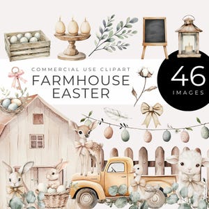 Clipart de Pâques de la ferme, téléchargement immédiat, Pngs numériques de printemps rustique, lapin aquarelle, oeufs pastel, agneau, poussins, graphiques Cottagecore
