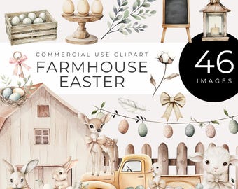 May include: A set of 46 watercolor illustrations featuring farmhouse Easter themes. The illustrations include a barn, a truck, a bunny, a fawn, a lamb, eggs, a nest, a wreath, a lantern, a chalkboard, and more.