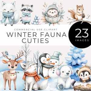 Clipart faune hivernale TÉLÉCHARGEMENT IMMÉDIAT Graphismes aquarelle animaux des forêts et de l'Arctique, joli cerf, ours polaire, lapin, renard, pingouin, hérisson PNG