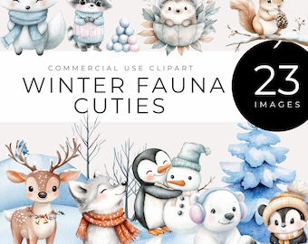 May include: A set of 23 watercolor illustrations featuring cute winter animals, including a fox, raccoon, hedgehog, squirrel, deer, wolf, penguin, snowman, polar bear, and a raccoon. The illustrations are perfect for creating winter-themed crafts, cards, and other projects.