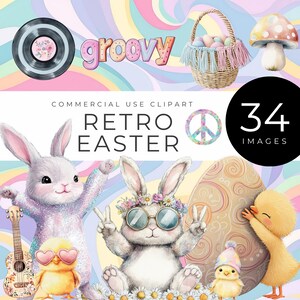 May include: A set of 34 digital clipart images featuring a retro Easter theme. The images include bunnies, chicks, eggs, flowers, a peace sign, a record, a basket, a mushroom, and the word "groovy".