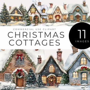 Christmas House Clipart INSTANT DOWNLOAD Winter Cottagecore Graphics, Watercolor Holiday Cozy Homes for Cards, Junk Journals, Scrapbooking