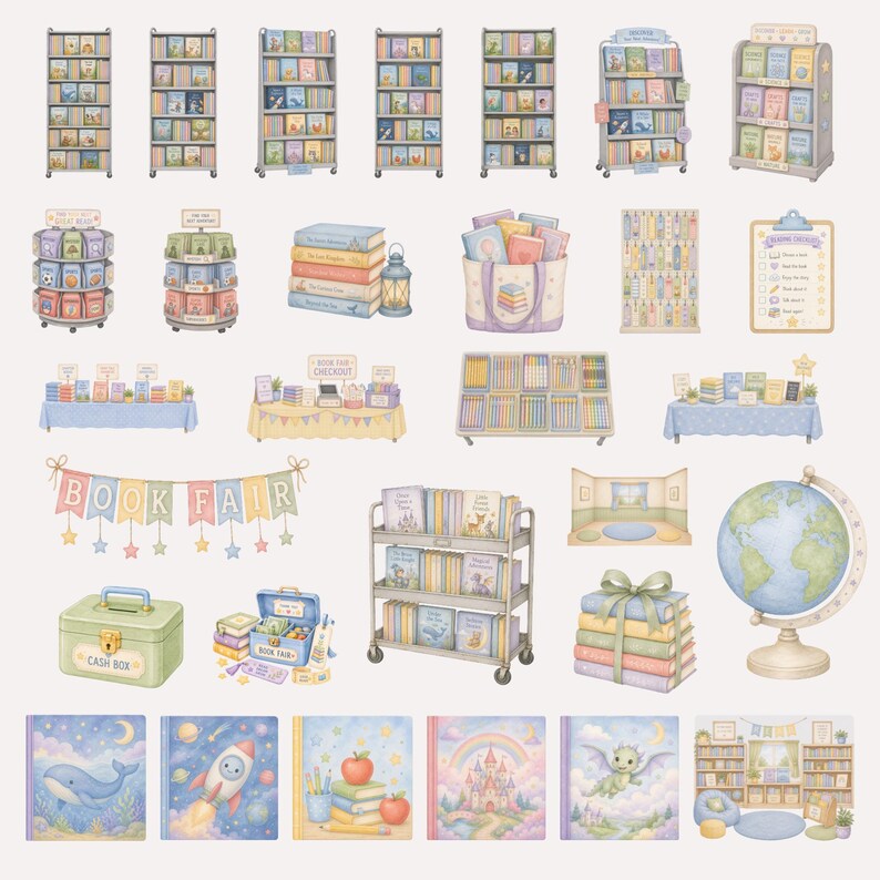 Bokmässa Clipart, Akvarell Klassrumsbibliotek PNG-designer, Läs- och Läskunnighetsveckadekor, Bokinspirerade Bilder, Kommersiellt Bruk, Digital Nedladdning bild 2