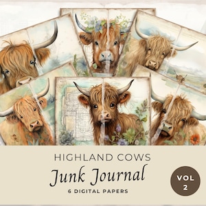 Highland Cow Junk Journal Pages, vol 2, 6 pages de journal numérique, éphémères imprimables, feuille de collage 11 x 8,5, JJ014