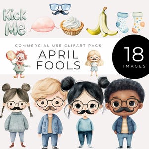 Clipart de April Fools, Download instantâneo, Gráficos engraçados de pegadinhas, Torta de chantilly, Bigode, Óculos, Placa de chute-me, Palhaço, Casca de banana, Bobo