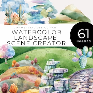 Schepper aquarel landschap scène INSTANT DOWNLOAD Natuur landschapselementen, bergen, rivieren, bomen, cactussen en rotsen voor feestuitnodigingen