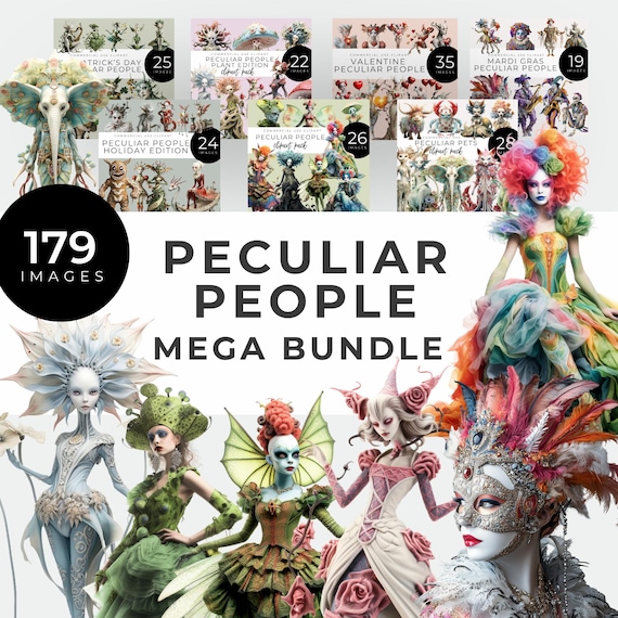Peculiar People Mega Bundle, Instant Download, Fantasy Whimsical Characters Clipart PNGs, Holidays, Pets, Plants, Costumes, Gothic Figures