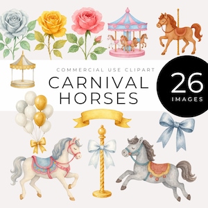 Clipart de Cavalo de Carnaval, Download Instantâneo, Faça Seu Próprio Carrossel em Aquarela, Rosas, Laços, Balões e PNGs de Tenda, Chá de Bebê, Berçário, Artesanato