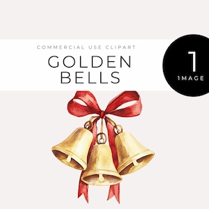 Imágenes prediseñadas de campana dorada, descarga instantánea de acuarela navideña PNG, decoración navideña, arte de cinta festiva, elegantes cascabeles, estilo vintage invernal
