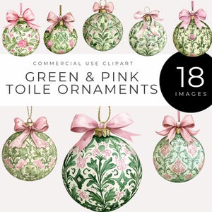 Adornos de toile verde y rosa, descarga instantánea, arte digital navideño chinoiserie, elegantes adornos navideños, álbum de recortes floral vintage