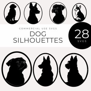 May include: A collection of 28 dog silhouette SVGs in black and white. The image features various dog breeds in oval frames, with the text "DOG SILHOUETTES" and "COMMERCIAL USE SVGS".