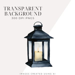 May include: A black lantern with a lit candle inside. The lantern has a glass pane and a metal frame. The candle is white and is burning brightly.