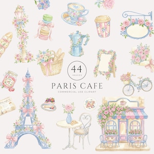 Op de afbeelding: Een verzameling aquarelillustraties met een Parijs café-thema, waaronder een Eiffeltoren, een café-gevel, een fiets, een bistrotafel met stoel, een mand met brood, macarons, koffiekopjes, een mokkapot en bloemaccenten met de tekst 44 IMAGES PARIS CAFE COMMERCIAL USE CLIPART.