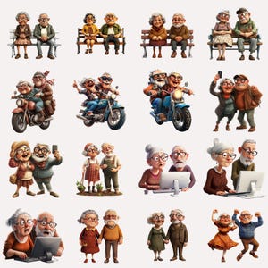May include: An illustration depicting various couples of older people in different scenarios. Some are seated on benches, some are riding motorcycles, some are taking selfies, some are using laptops, and some are holding hands. The illustration is in a cartoon style and features bright colours.