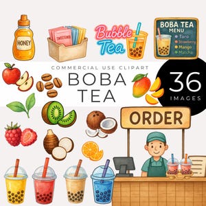 Cute Boba Tea Clipart, Instant Download, Bubble Tea PNG, Taro Matcha Strawberry Mango Drink Shop Images, Kawaii Beverage Art, Commercial Use