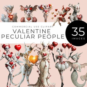 Pessoas Peculiares Valentine Clipart, Download Instantâneo, Coração Gótico Caprichoso, Criaturas de Fantasia, Figuras Peculiares, Gráficos de Contos de Fadas Românticos