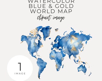 Watercolor World Map INSTANT DOWNLOAD Wedding Map Illustration, Blue & Gold World Map Abstract Clipart, Transparent Png, Travel, Invites