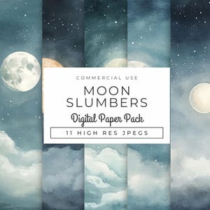 Maan sluimer digitaal papier INSTANT DOWNLOAD Hemelse nachtelijke hemel met sterren en wolken, Twilight aquarel achtergronden voor ambachten en tijdschriften