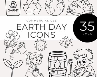 Puede incluir: Iconos del Día de la Tierra en blanco y negro, que incluyen un símbolo de reciclaje, un globo terráqueo, montañas y niños regando plantas. También aparece el texto "Earth Day Icons" y "35 SVGs".