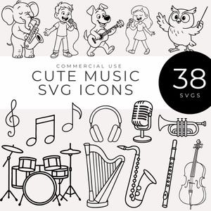 Pode incluir: Ilustrações a preto e branco de instrumentos musicais e personagens de desenhos animados a tocar instrumentos. O texto "CUTE MUSIC SVG ICONS" é exibido acima de uma coleção de 38 SVGs.