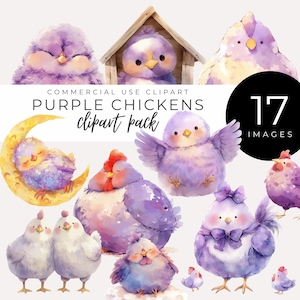 Clipart poulet violet mignon TÉLÉCHARGEMENT IMMÉDIAT Animaux de la ferme aquarelle lilas, décoration champêtre rustique, graphismes de ferme et de basse-cour, fabrication de cartes