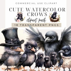 Clipart de corvos fofos em aquarela - DOWNLOAD INSTANTÂNEO - Pássaros adoráveis de Halloween, gráficos steampunk, pássaros do amor e animais florais, ninho de noiva e banheira