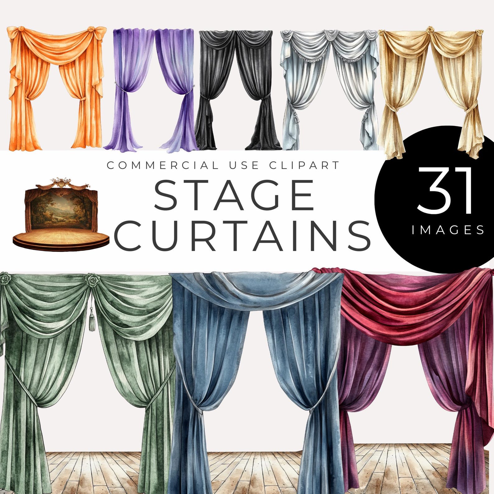 Stage Curtain Clipart INSTANT DOWNLOAD Vintage Theater Drapes, Opera ...