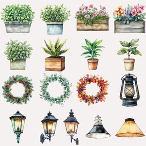 May include: A collection of watercolor illustrations featuring various plants, wreaths, lanterns, and a lantern with a light bulb. The illustrations are in a vintage style and feature a variety of colors, including green, brown, red, and yellow.