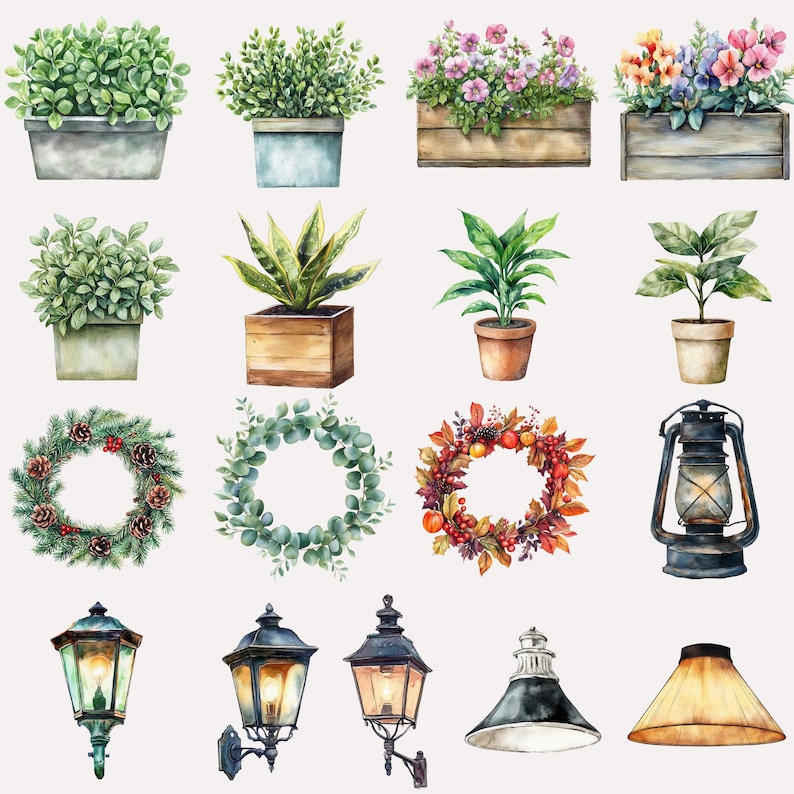 May include: A collection of watercolor illustrations featuring various plants, wreaths, lanterns, and a lantern with a light bulb. The illustrations are in a vintage style and feature a variety of colors, including green, brown, red, and yellow.
