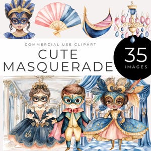 May include: A set of 35 digital illustrations featuring cute characters in masquerade costumes. The illustrations include a girl in a blue and gold gown, a boy in a blue and gold suit, a girl in a pink and blue gown, a gondola, a fan, and a chandelier.