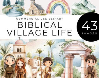 Watercolor Biblical Village Life Clipart, Instant Download, Ancient People, Animals, Bible Scenes, Christian Sunday School & Homeschool Art